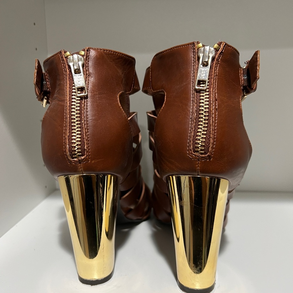 Brown Leather High Heels with Gold Accents
